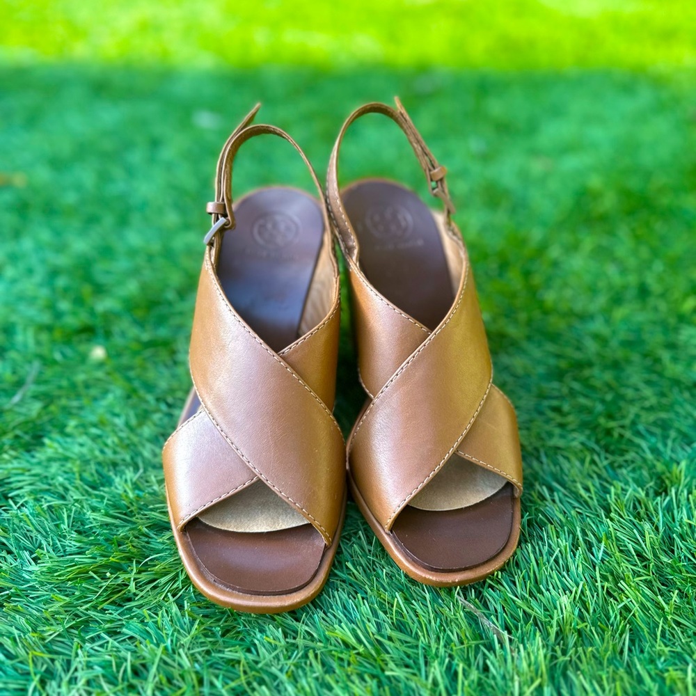 Tory Burch Leather Royal Gabrielle Wedge Sandals, size 5.